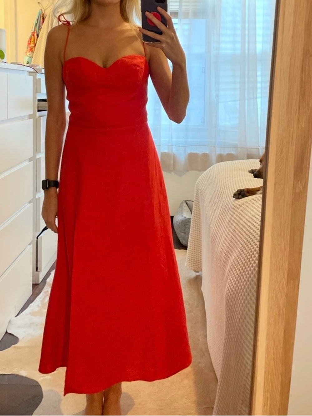 Reformation Red Linen Spaghetti-Strap Midi Dress sz 8 Elegant Women's Dress